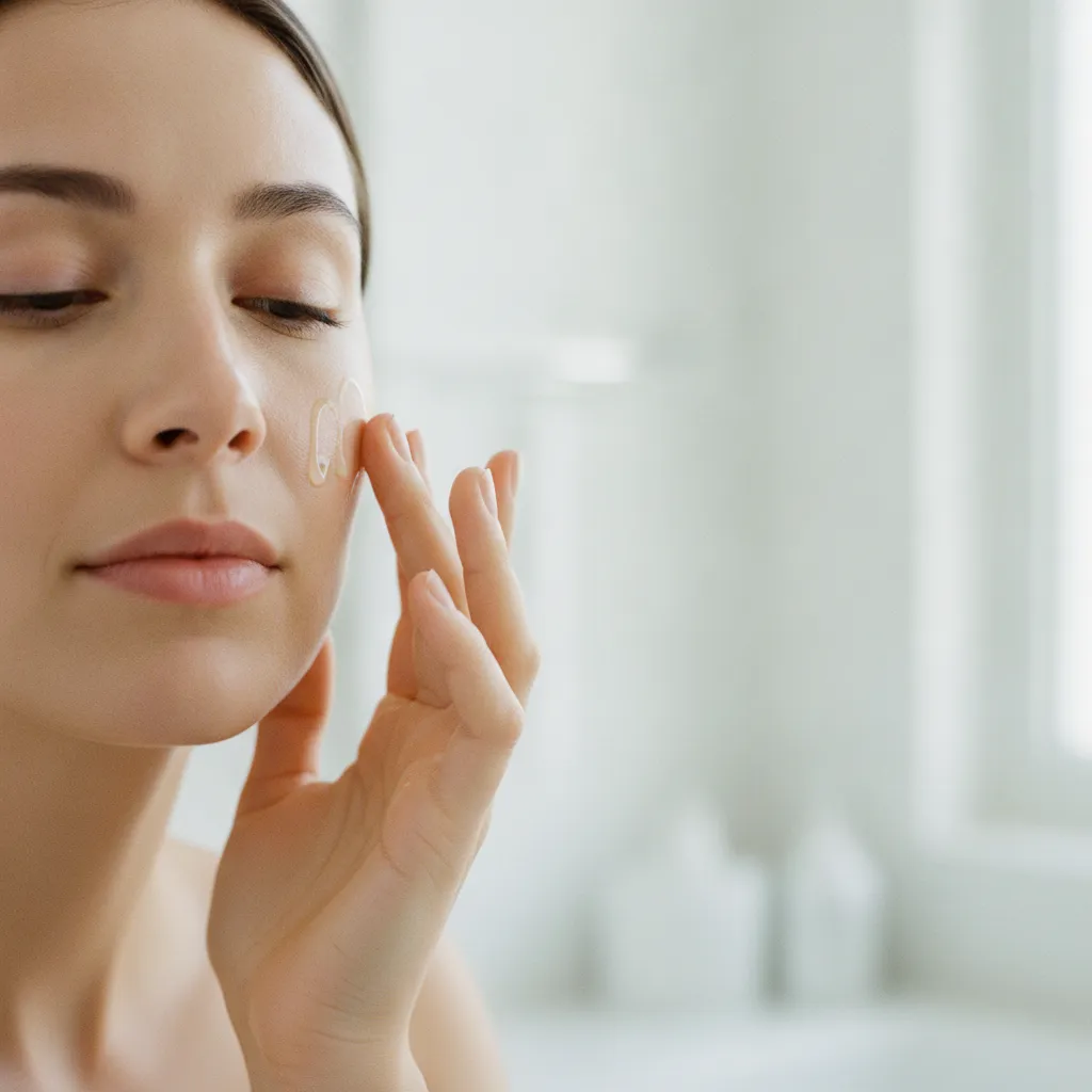 Application d'un sérum exfoliant sur peau propre et sèche, étape clé d'une routine aux acides