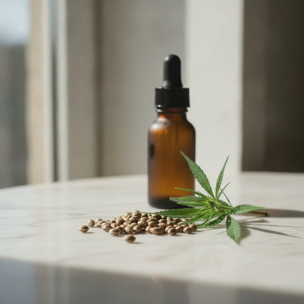 Graines et feuilles de chanvre : c'est à partir des graines que l'huile cosmétique est extraite