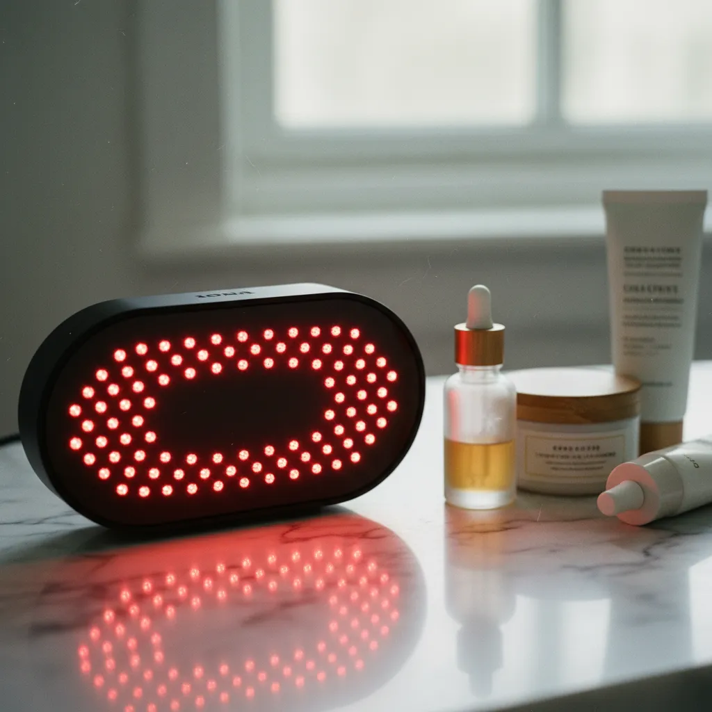 Appareil LED infrarouge posé à côté de sérums pour une routine complète de photothérapie visage
