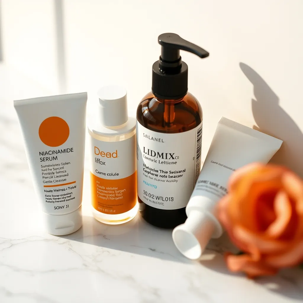 Une routine complète pour peau rosacéique associe nettoyant doux, niacinamide, hydratant aux céramides et protection solaire SPF 50