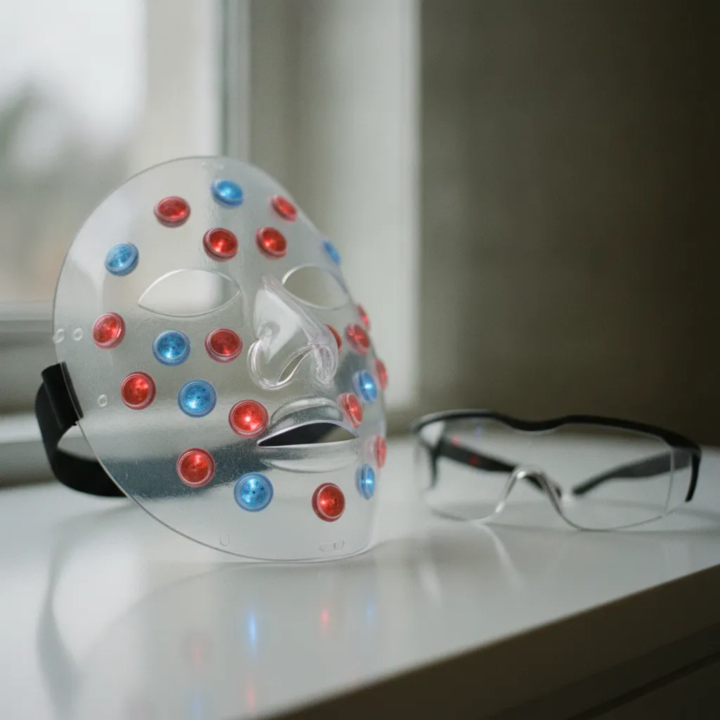 Les LED rouges et bleues d'un masque visage avec les lunettes de protection indispensables