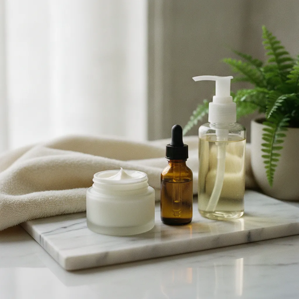 Les soins essentiels d'une routine peau sèche : nettoyant doux, sérum hydratant et crème riche aux céramides