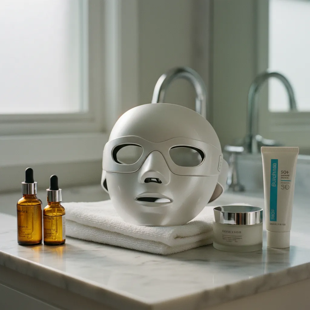 Routine de soin complète associée à la photothérapie visage : sérum, crème et protection solaire