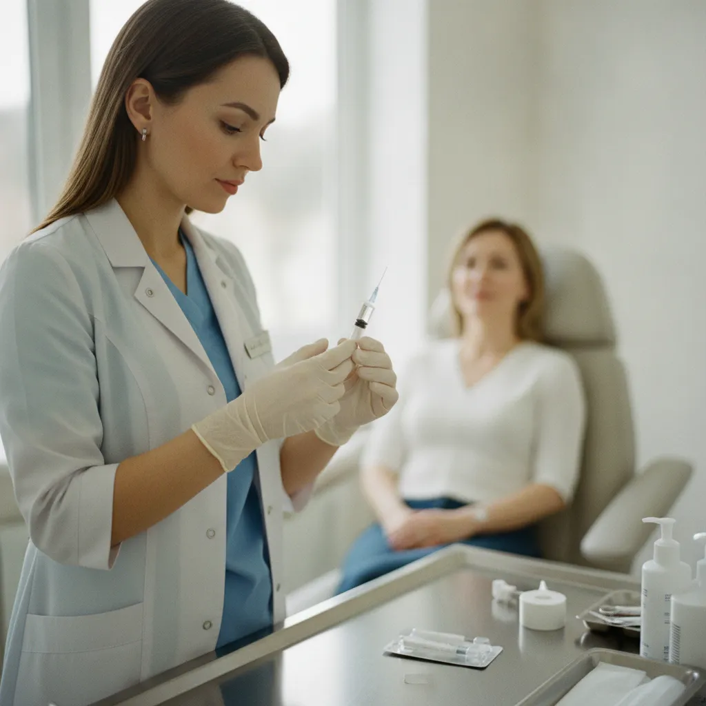 Préparation d'une seringue d'acide hyaluronique volumateur avant injection des pommettes
