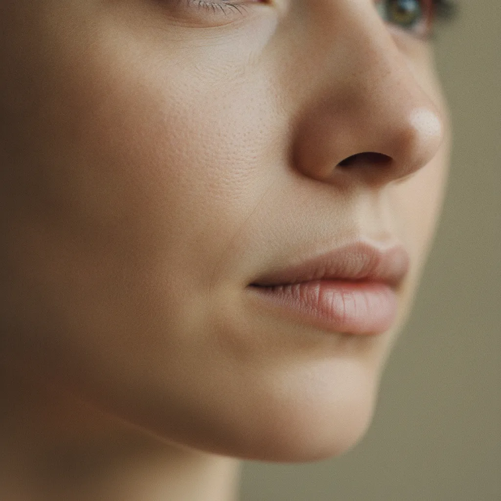 Vue rapprochée de la texture cutanée naturelle avec pores visibles sur la zone du nez