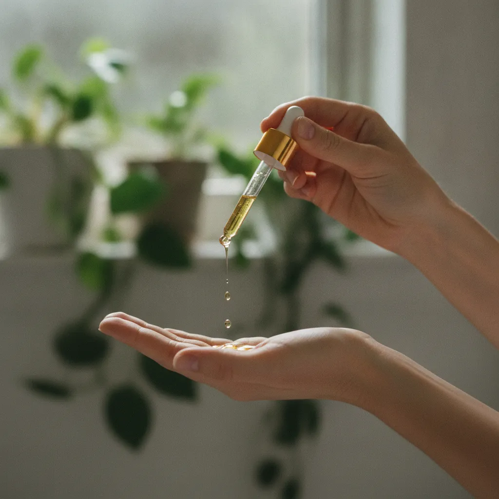 Un sérum naturel doré appliqué au compte-gouttes pour un dosage précis