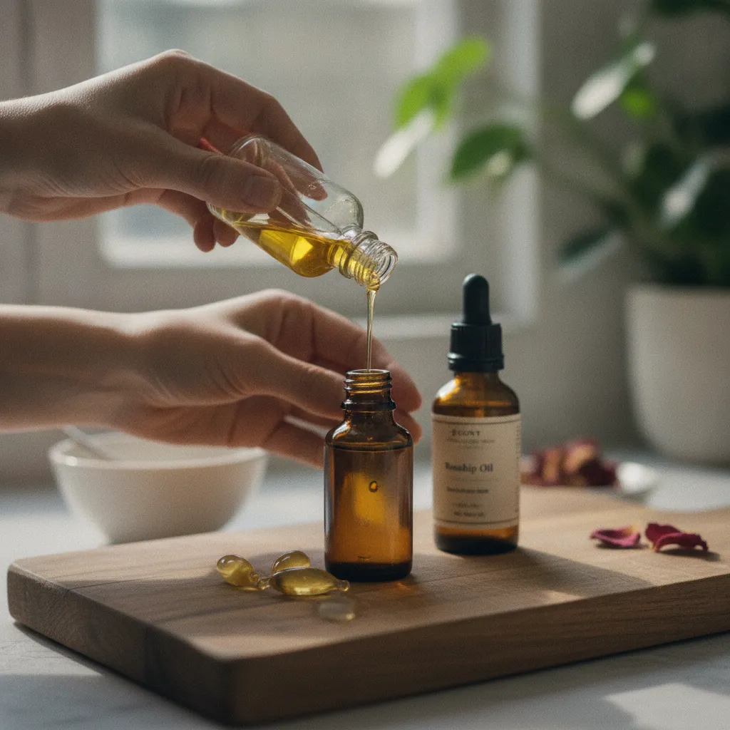 Préparation d'un sérum visage maison à base d'huile de jojoba et de rose musquée
