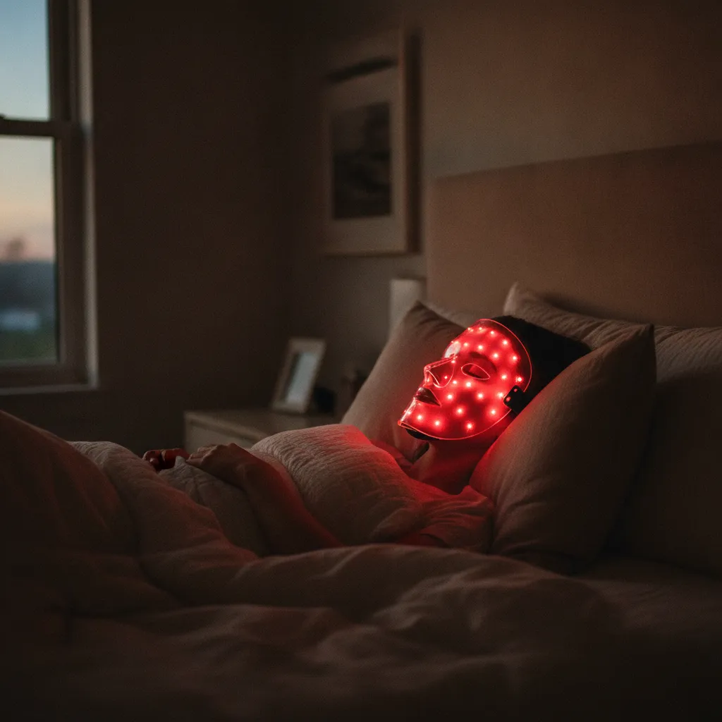 Le masque LED utilisé avant la routine de soin de nuit visage peut amplifier l'absorption des actifs