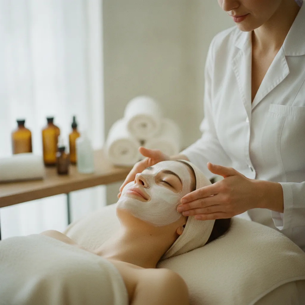 Application d'un masque éclat lors d'un soin visage en institut de beauté
