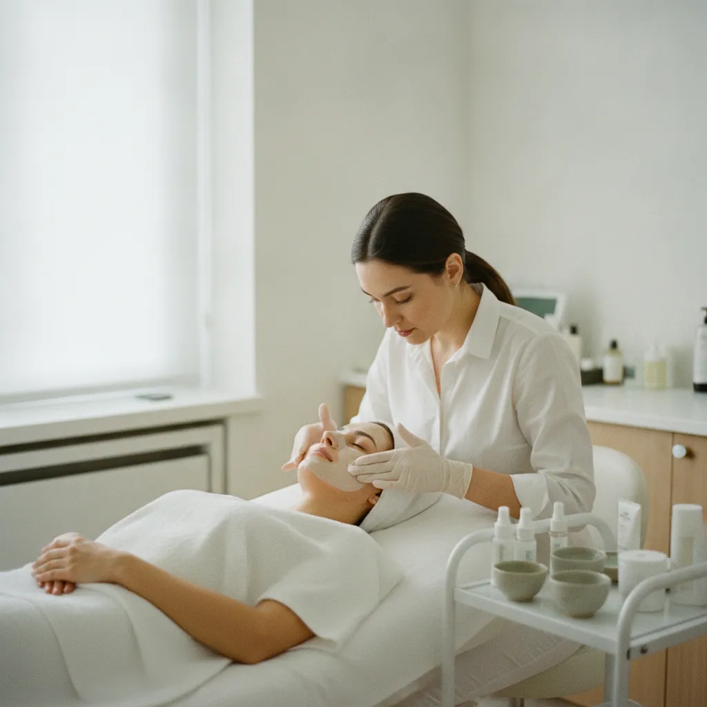 Application d'un masque lors d'un soin visage classique en institut de beauté
