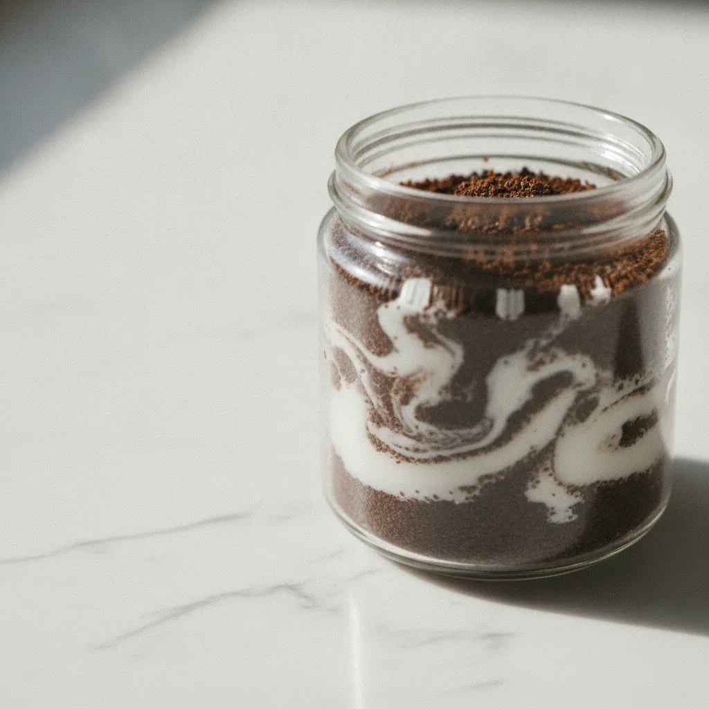 Le marc de café finement moulu mélangé à l'huile de coco forme une pâte exfoliante