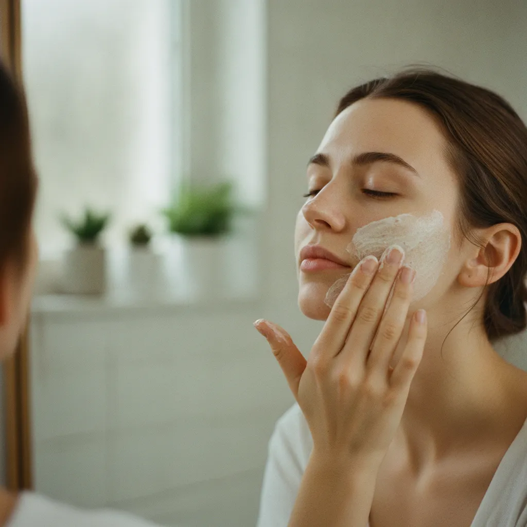 Application d'un gommage maison en mouvements circulaires doux sur le visage