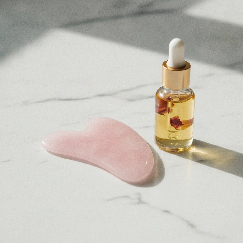 Un gua sha en quartz rose accompagné d'une huile visage, duo indispensable pour un massage sans friction