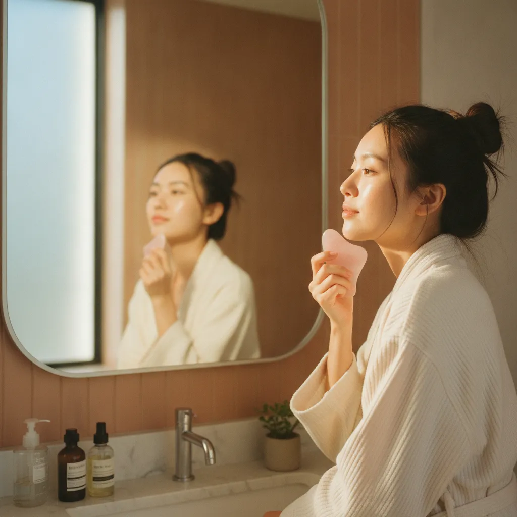 Cinq minutes de gua sha chaque matin suffisent pour un effet drainant visible sur le visage