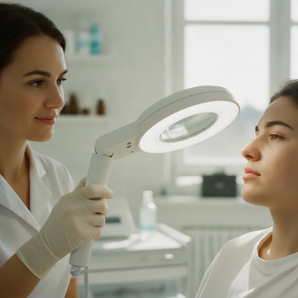 Examen des pores du visage sous lampe grossissante avant une séance de laser