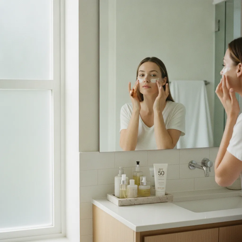 Application d'écran solaire SPF 50 après une séance de laser, étape indispensable du protocole post-traitement