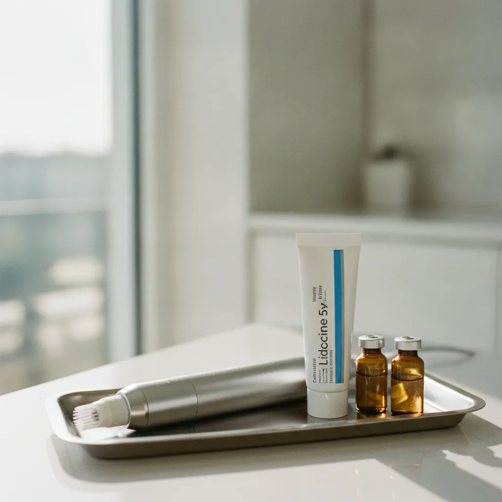 Matériel professionnel de microneedling : dermapen, crème anesthésiante et sérums adaptés
