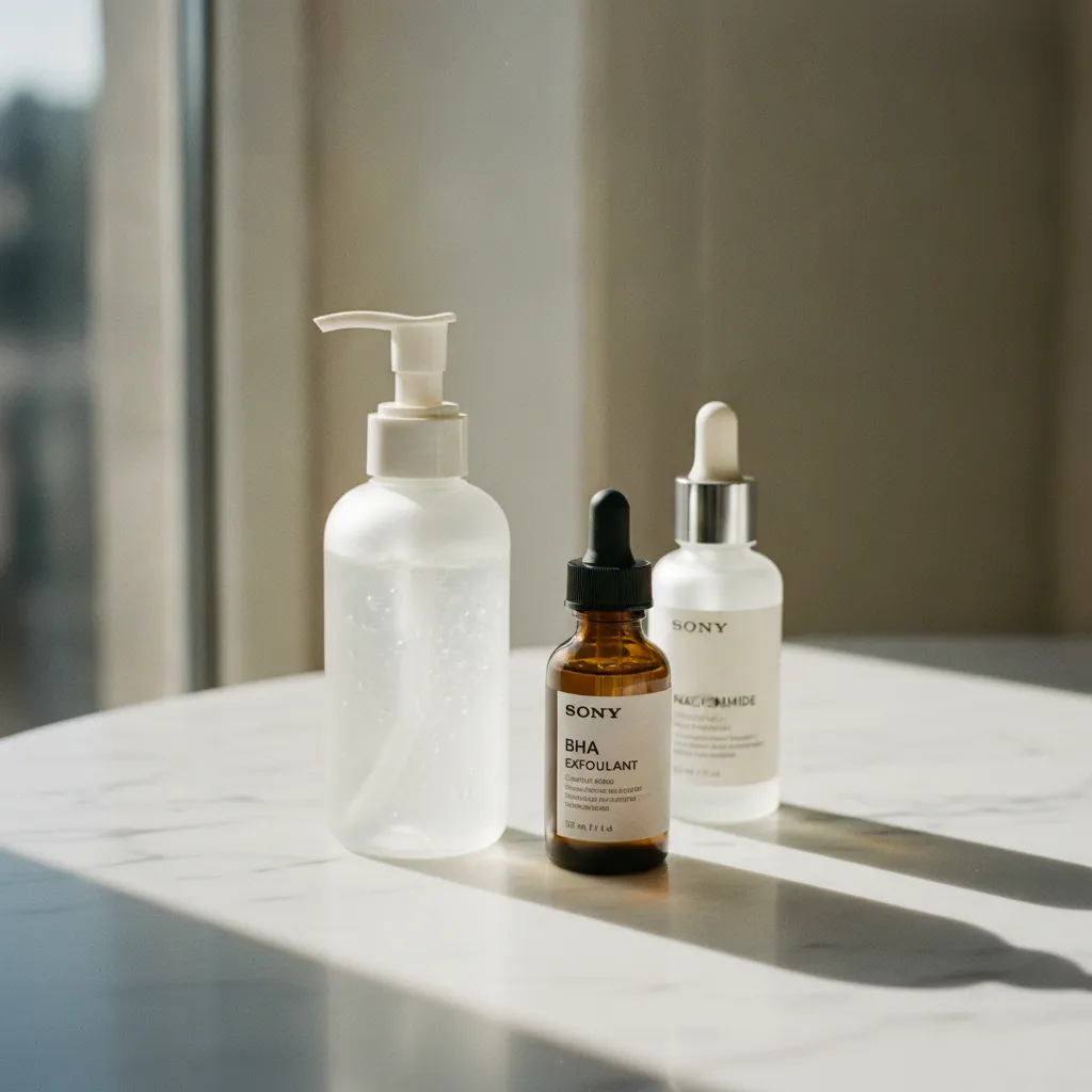 Les indispensables d'une routine peau grasse : nettoyant doux, exfoliant BHA et sérum niacinamide