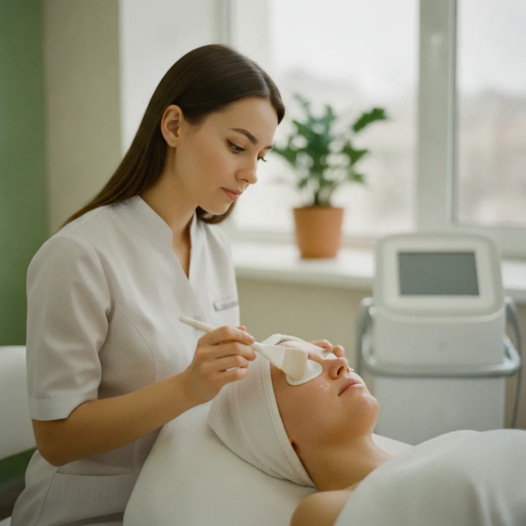 Application d'un peeling moyen au TCA par un dermatologue en cabinet médical