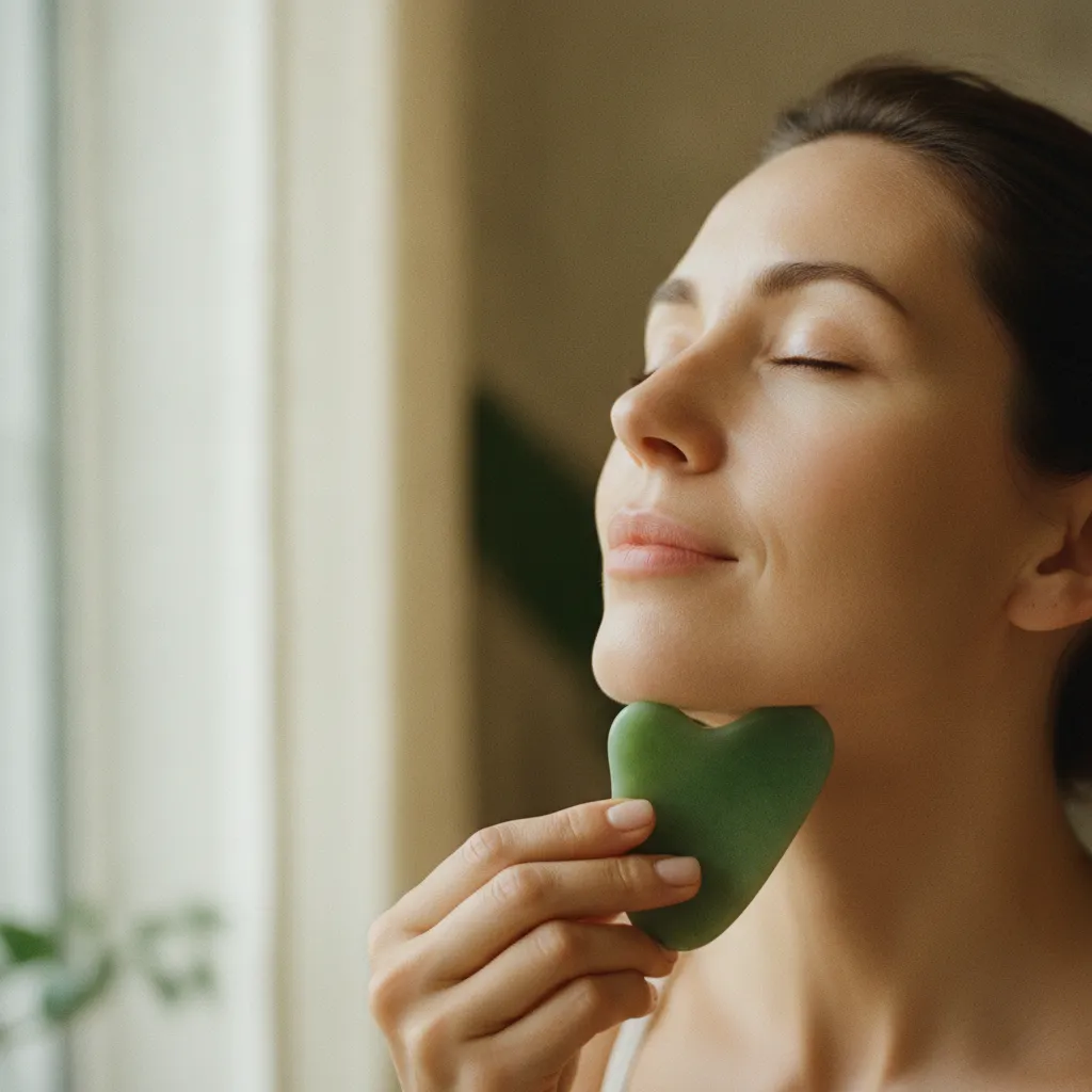 Massage de la mâchoire avec une pierre gua sha en jade néphrite appliquée à un angle de 15 degrés
