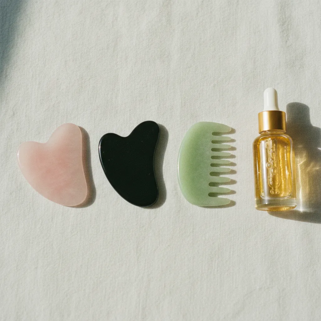 Comparaison de trois pierres gua sha : quartz rose, obsidienne noire et jade néphrite