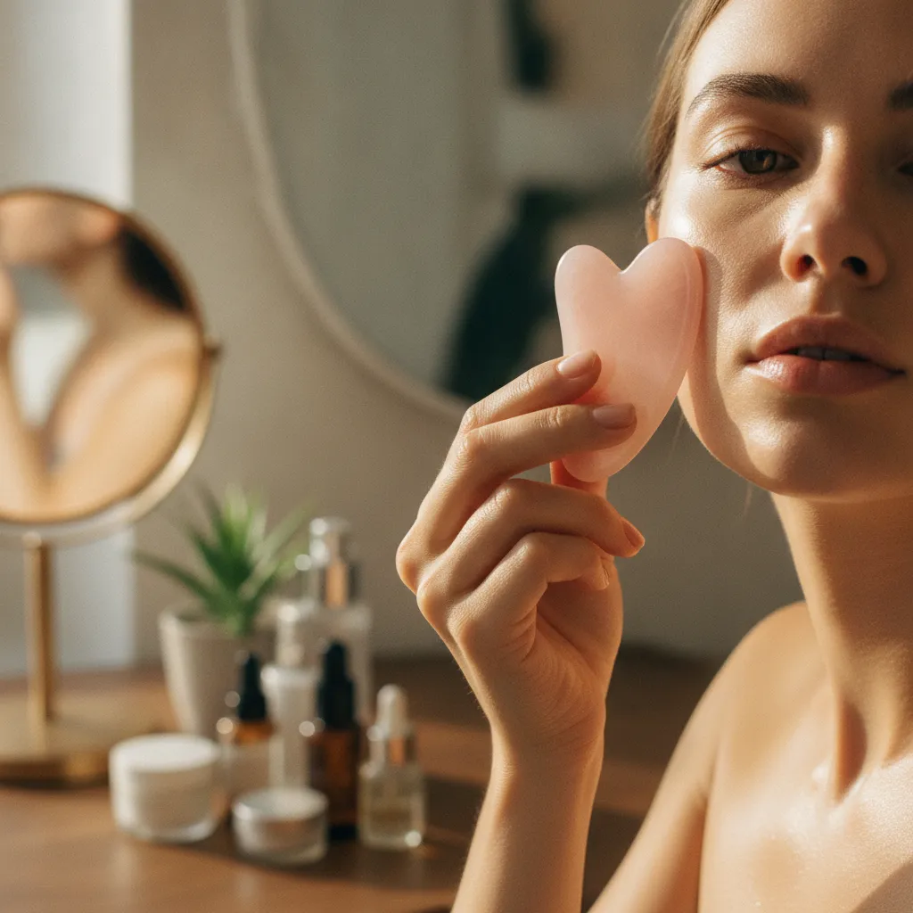 Technique de massage gua sha sur la pommette avec une pierre en quartz rose