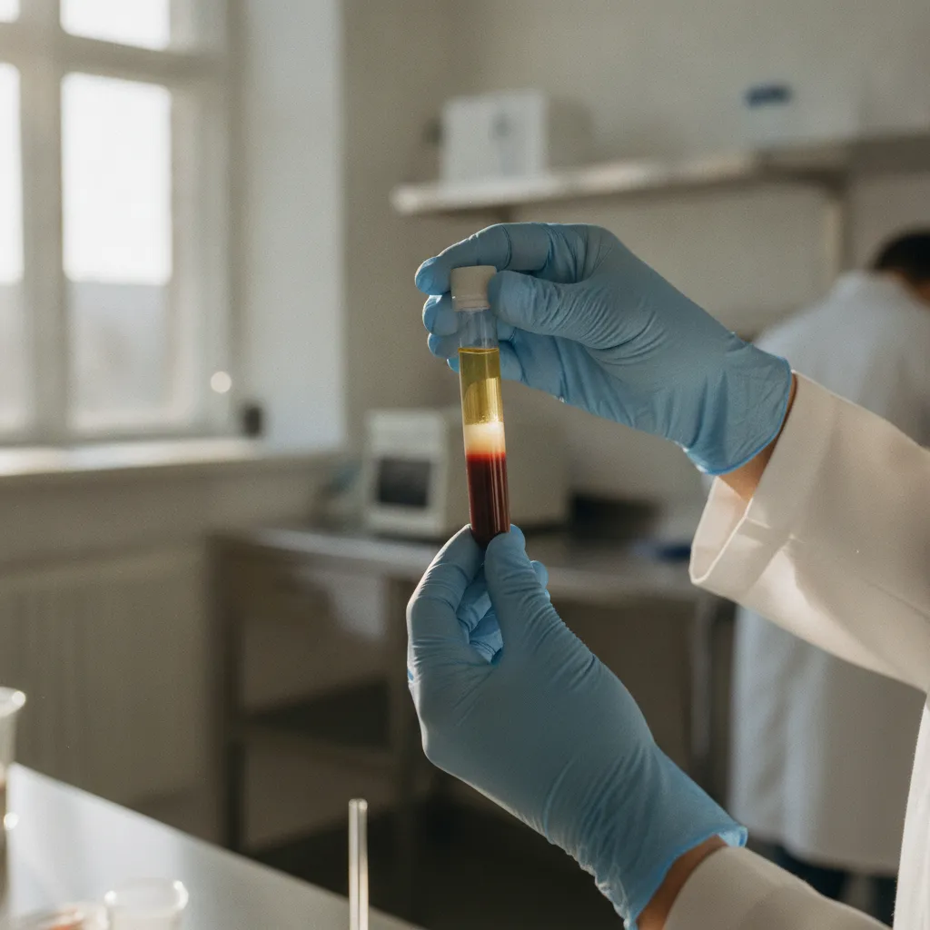 Tube de sang centrifugé montrant la séparation du plasma riche en plaquettes