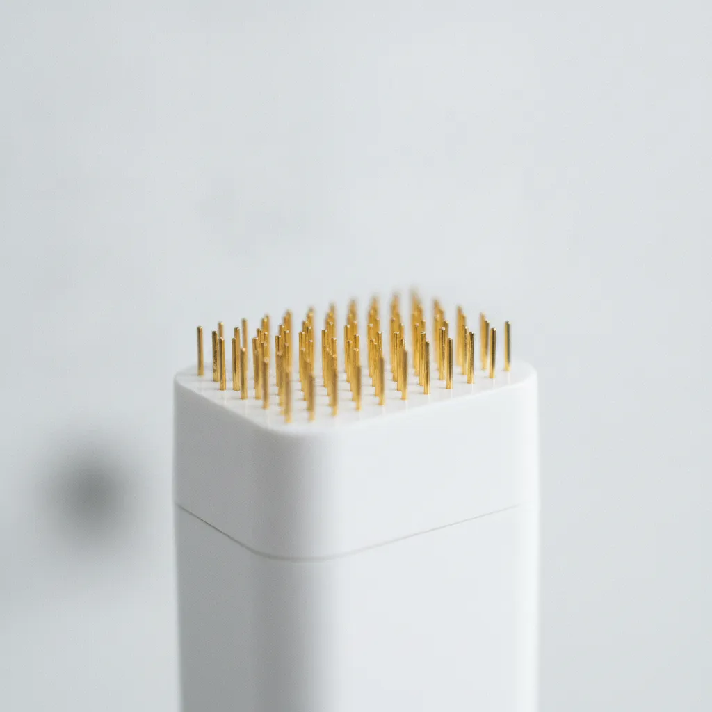 Détail des micro-aiguilles dorées d'un appareil de radiofréquence microneedling
