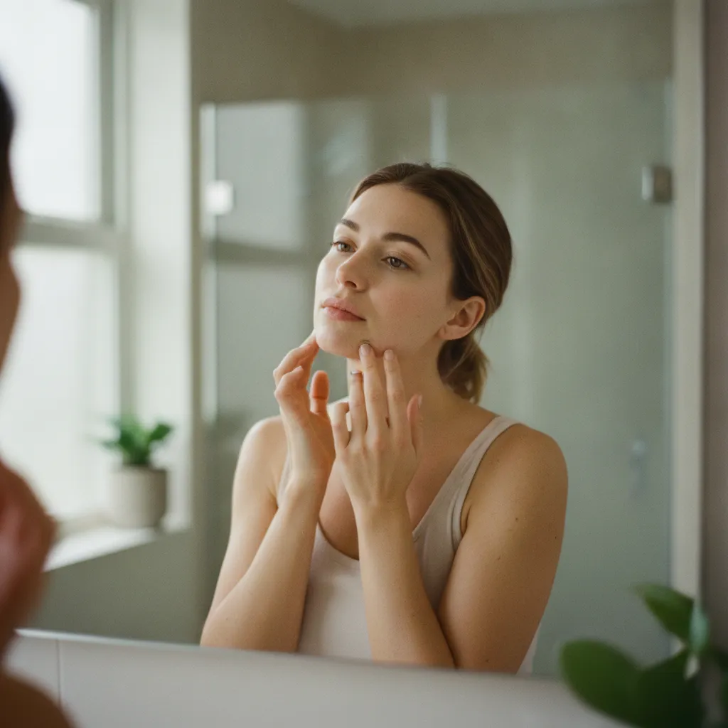 Auto-examen de la zone de l'ovale du visage, souvent ciblée par la radiofréquence microneedling