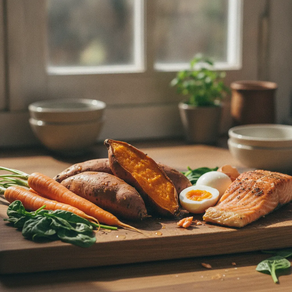 Les aliments riches en vitamine A : patate douce, carotte, épinard, œuf et poissons gras