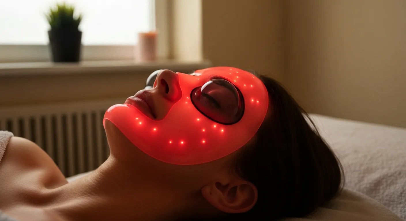 Coques opaques posées sur les yeux fermés avant l'application du masque LED rouge