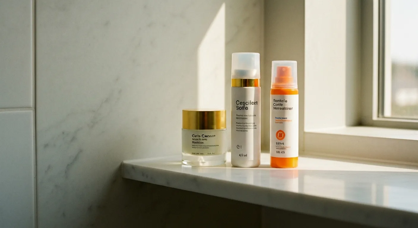 Trois produits sur une étagère : le nettoyant, l'hydratant et le solaire forment la base d'une routine visage minimaliste efficace