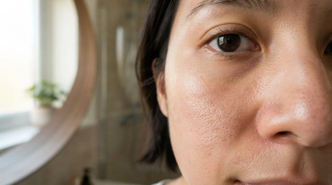 Peau du visage vue de près : la taille apparente des pores dépend du sébum, de la kératine et du collagène environnant